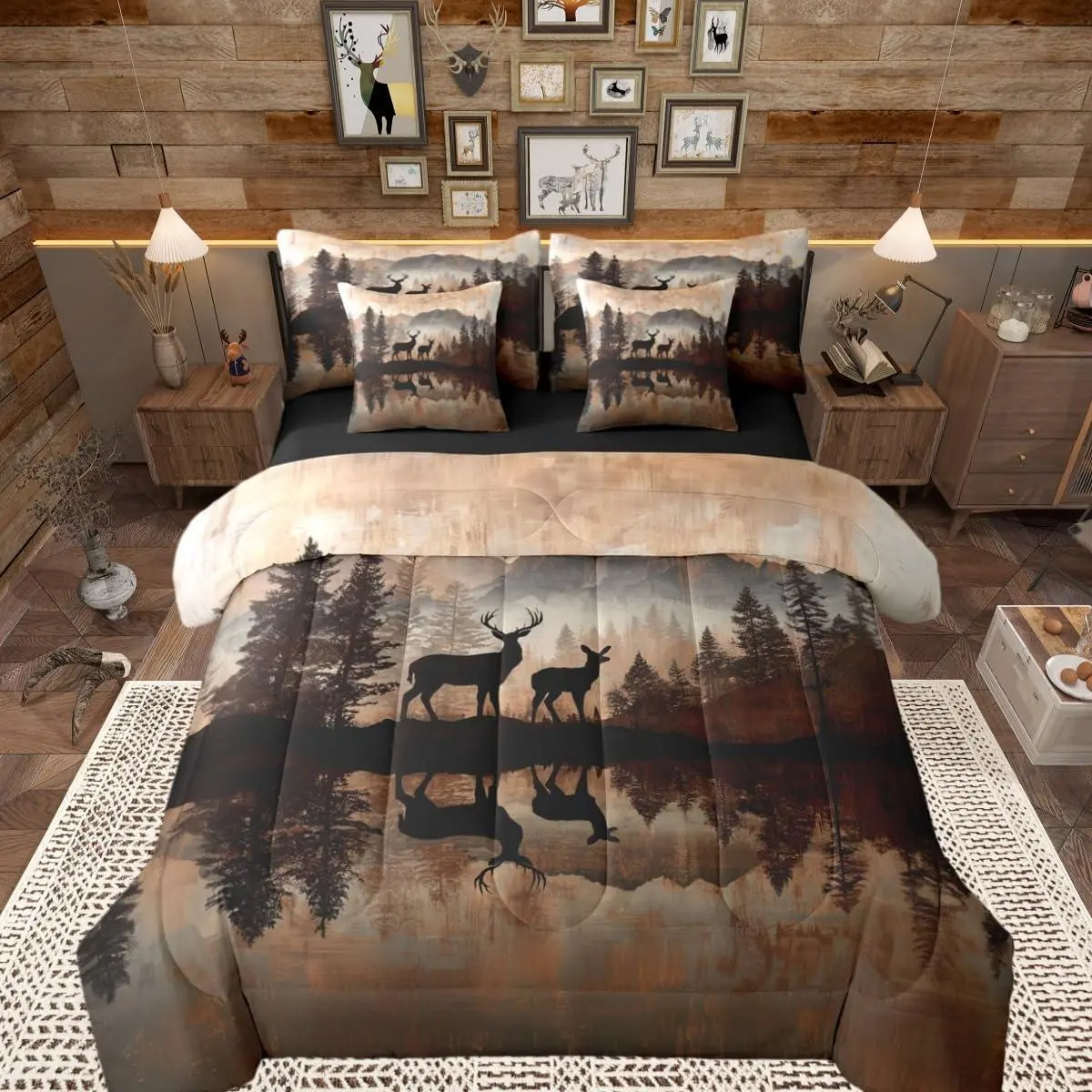 Deer Comforter with Sheets Log Cabin Wildlife Animal 7 Piece Bedding Set Deers Hunting Polyester Bed in a Bag Brown Soft Bedding Comforters