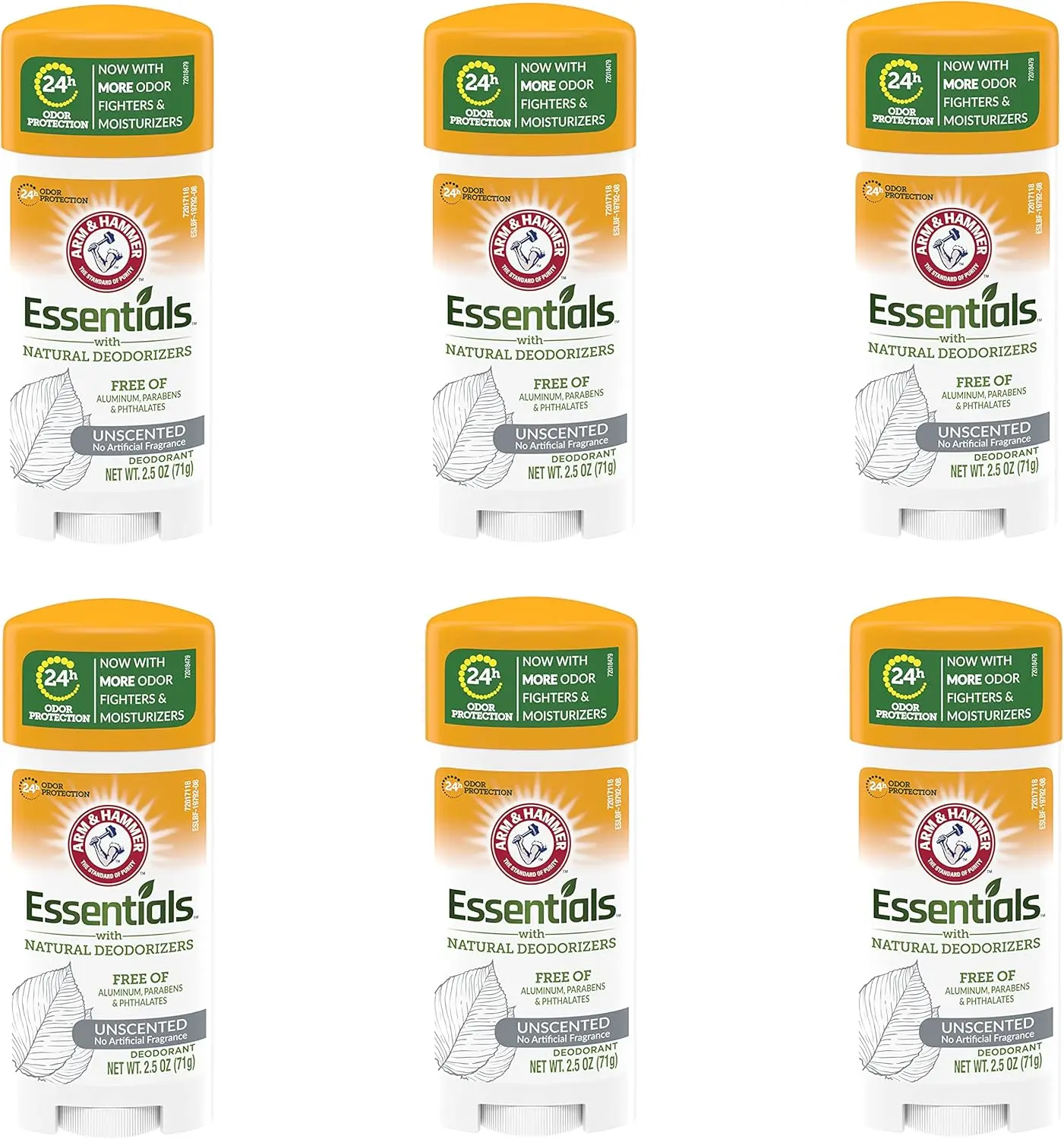 Arm & Hammer Essentials Solid Deodorant, Unscented,2.5 oz, 6 Count