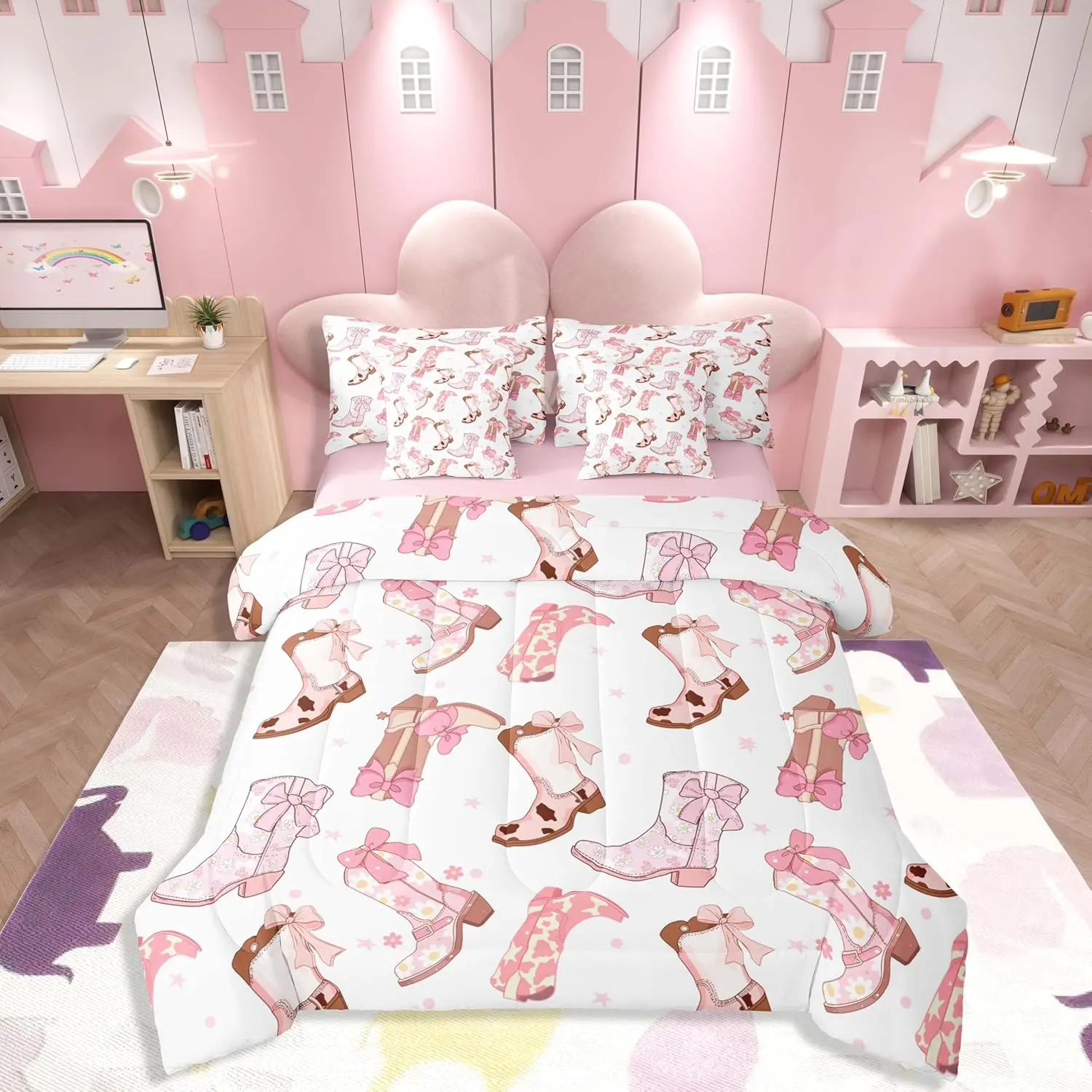 Feelyou 7-Piece Cowgirl Western Bed Comforter Set - Pink Bowknot Bed-in-a-Bag with Queen Sheet Set, Cowboy Boots Horseshoe Design, Soft Comforter Queen Size, Wild West Bedding Collection, Cute Bedding, Soft Blankets