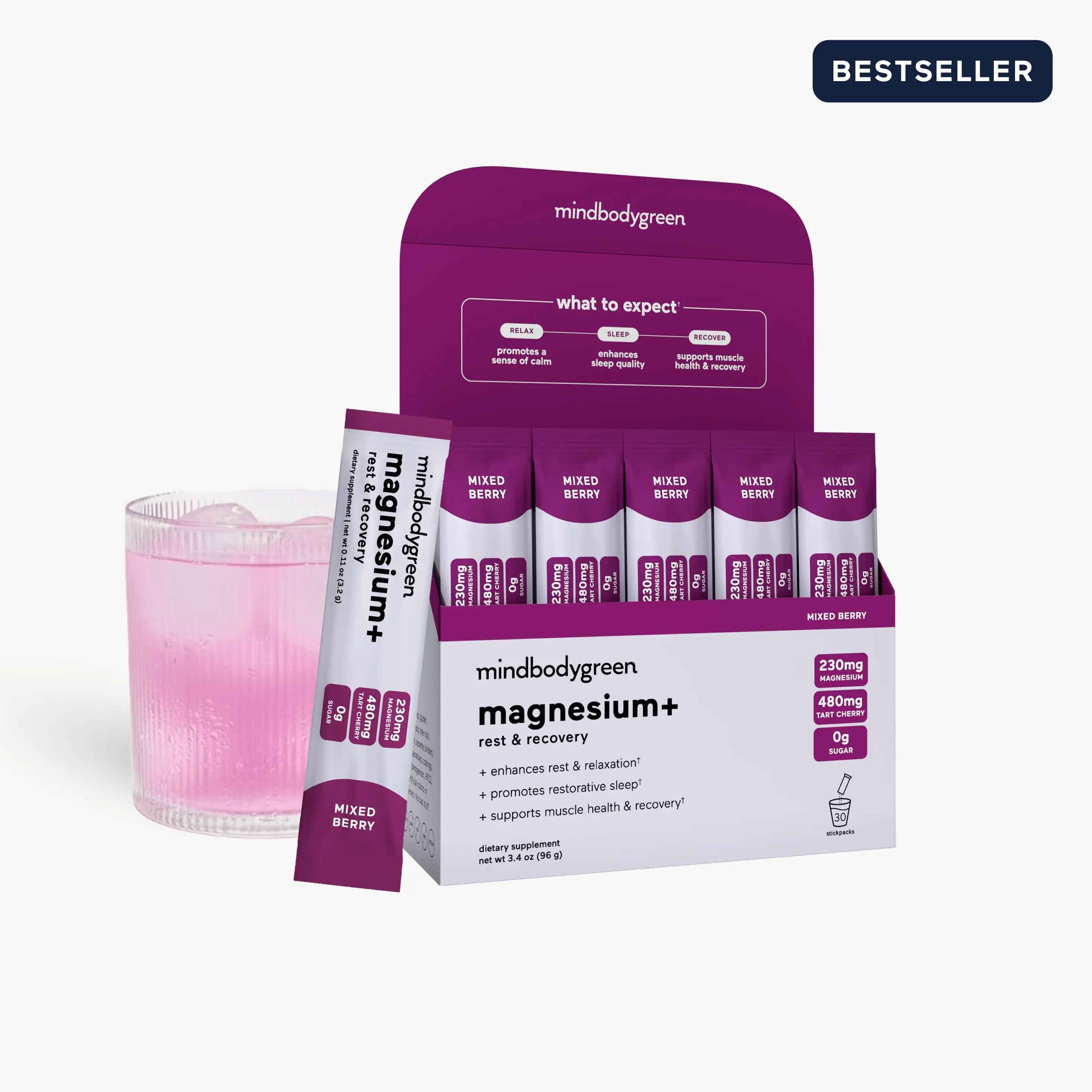 mindbodygreen magnesium+ rest & recovery, Dietary Supplement - 230mg Magnesium, 480mg Tart Cherry, 0g Sugar, Post-Workout Rest & Recovery Support, Daily Self-Care Sleep Aid