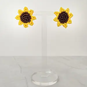 #233 Beaded Sunflower Stud Earrings, Casual Jewelry, Summer, Daily, Felt, Beads, Stainless Steel Post