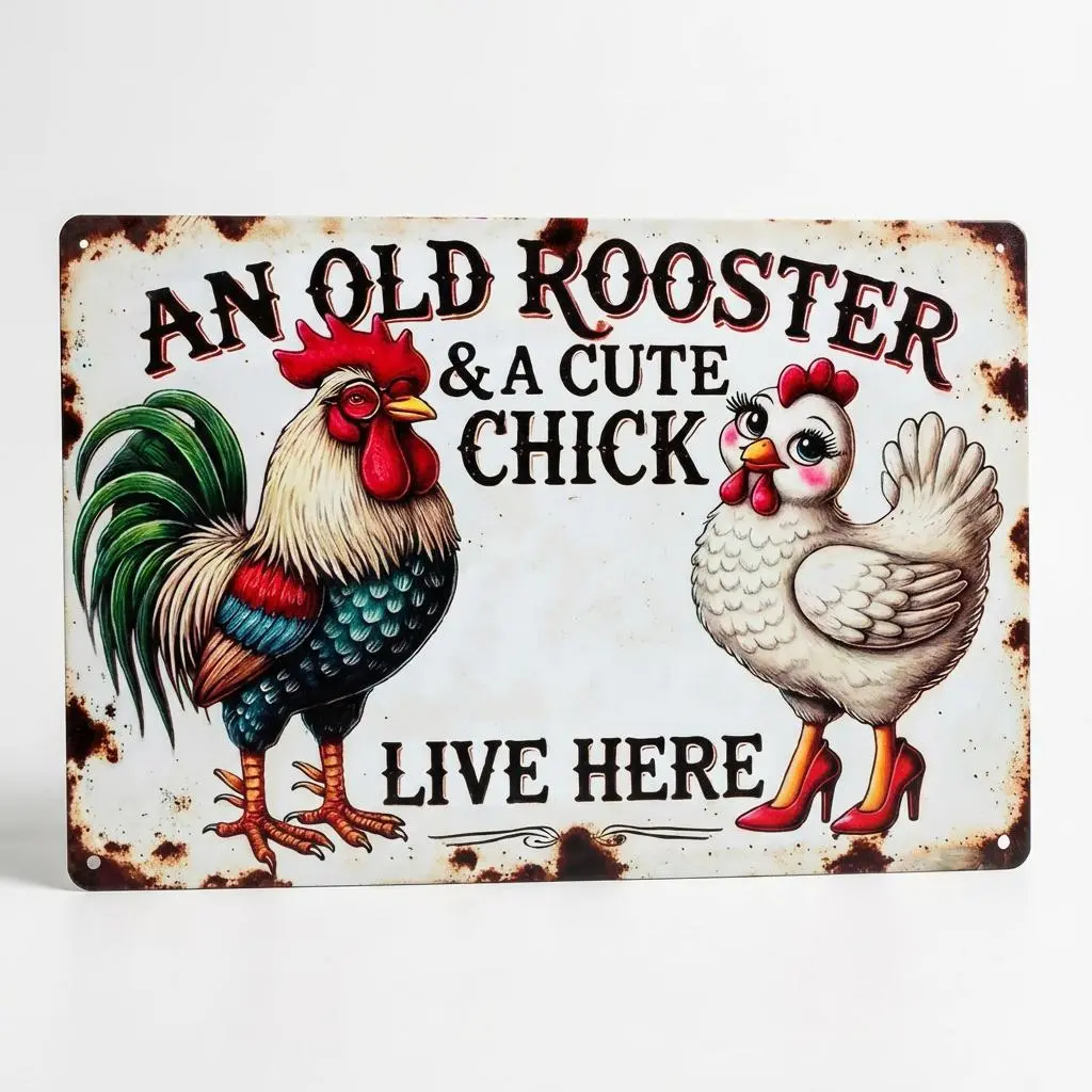 1pc Vintage "An Old Rooster & Cute Chick Live Here" Aluminum Sign 8x12 Inch - Rustic Farmhouse Wall Decor for Home, Kitchen, Garden, Barn - Durable Weather-Resistant Metal Art with Pre-Drilled Holes, Garden Signage |   Whimsical Animal Desi