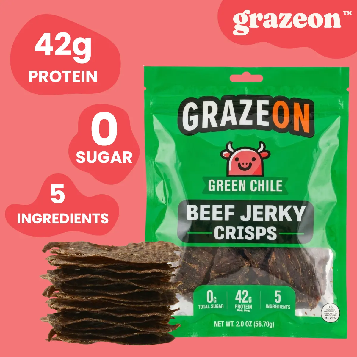 GrazeOn Green Chile Beef Jerky Crisps - High Protein, Sugar Free, All-Natural, Low Carb, Keto-Friendly Air-Dried Meat Snack for Adults (42g/2.0 oz)