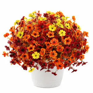12 PCS Artificial Fall Daisy Flowers for Outdoor Decor, UV Resistant Faux Silk Daisy Bushes with Green Leaves, Orange Yellow Burgundy Autumn Flowers for Front Porch, Patio, Thanksgiving Home Decor