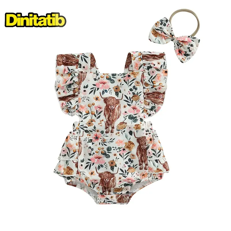 Girls Romper Head Band Suit Summer Fly Sleeve Square Neck Bull Print Romper Bow Headwear 0-24 Months Baby Clothing Clothes baby boy clothes