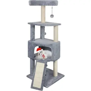 45in Cat Tree Tower with Big Cat Condo for Indoor Cats,Cat Tower Activity Center Cat Furniture with Scratching Post and Hanging Bed,Grey