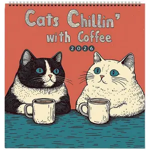 2026 Cat Doodle Typography Calendar, Coffee-Themed Monthly, Cute Cartoon Cats Design, Fun Gift for Cat Lovers & Birthdays