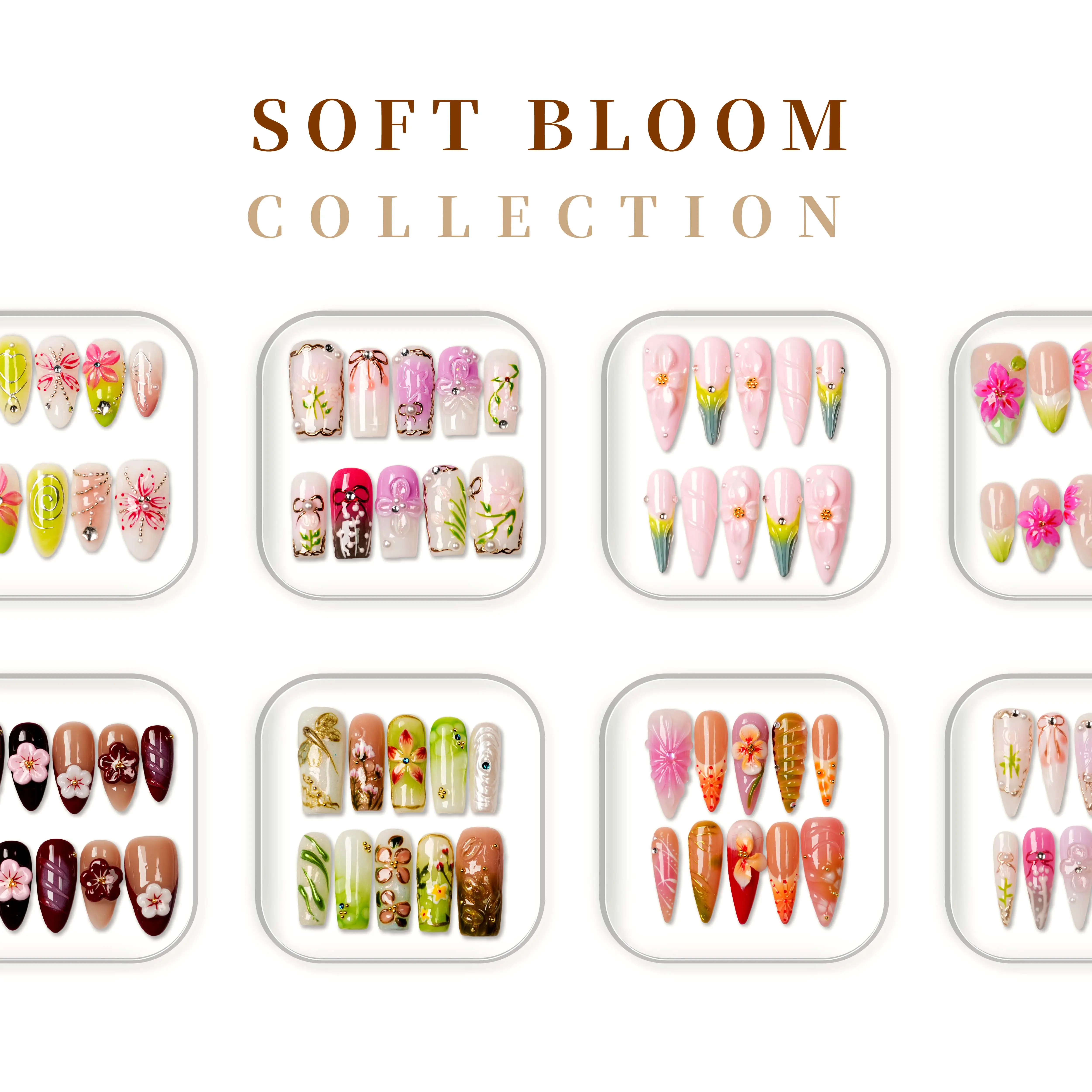 Handmade Press-on Nails - Easy-to-Apply Nail Art Accessories Reusable Salon-quality Glossy - Soft Bloom Collection