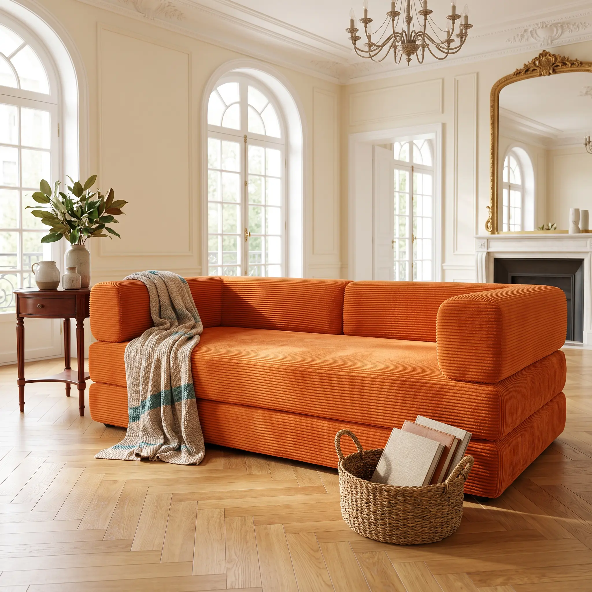 4-in-1 Vintage Oversized Corduroy Sofa Bed with Fixed Frame - Foldable Convertible Modular Tatami Floor Sofa for Living Room, Bedroom