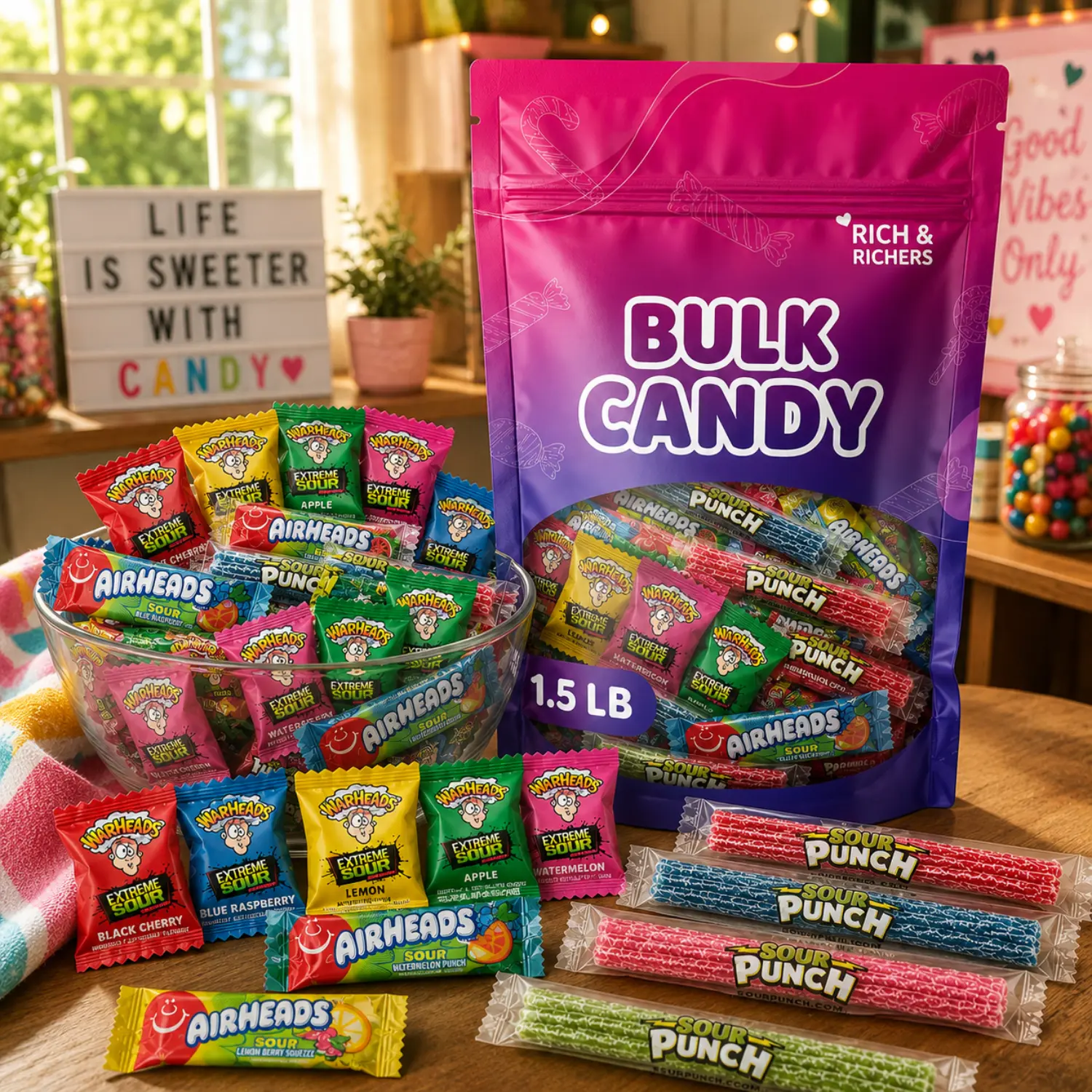 Rich & Richers Extreme Sour Chewy Candy Variety Pack - Warheads, Airheads, Sour Punch Twists, Individually Wrapped Bulk Bag for Halloween Parties, Office Candy Bowls, 1.5lb
