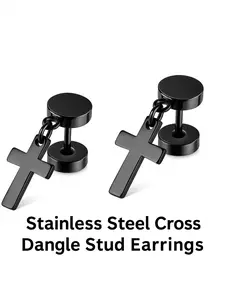 Gothic Punk Stainless Steel Cross Stud Earrings, Ear Studs, Unisex Hypoallergenic Dangle Design, All-Season Fashion Jewelry Gift