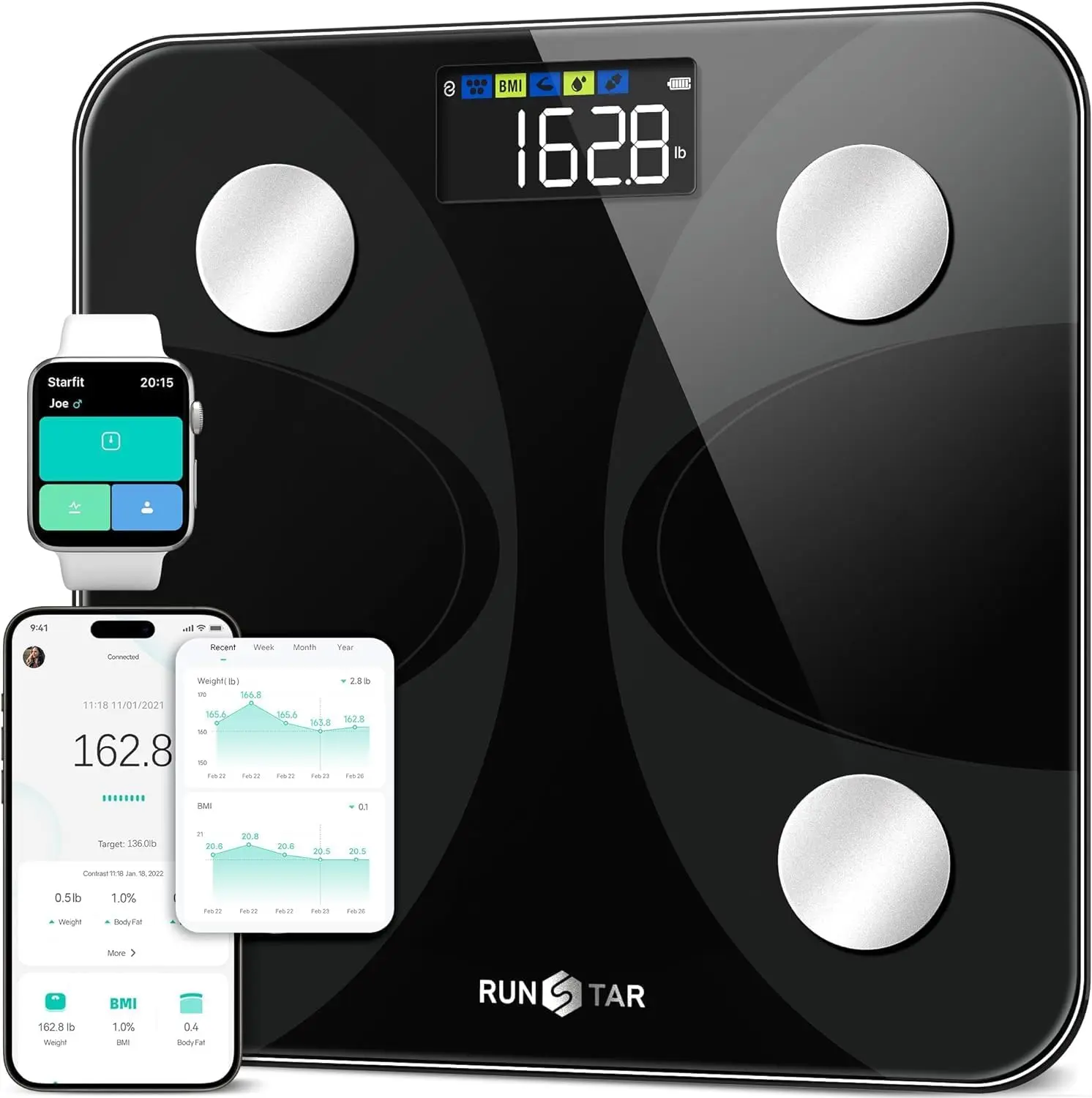 RunSTAR Digital Accurate Weighing Scale - Bathroom Smart Body Weight & Fat Percentage Analyzer with Large Display, 13 Body Composition Metrics, App Sync, FSA&HSA Eligible, Healthcare
