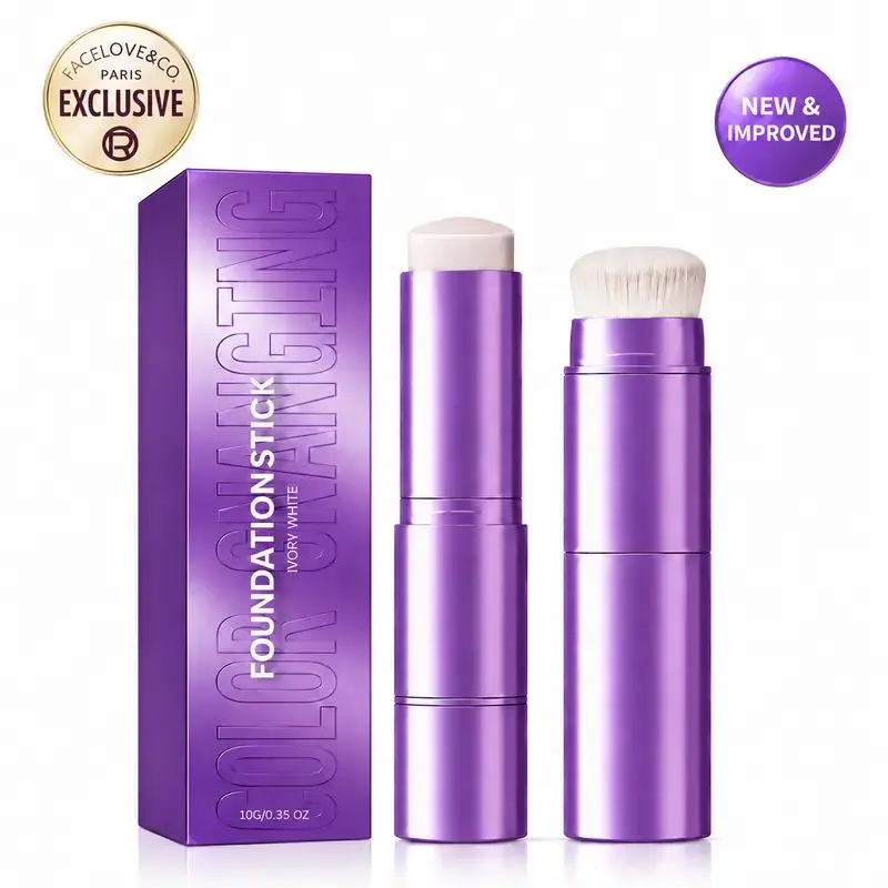 FACELOVE Color Changing Foundation Stick for Mature Skin with Built-In Brush, Lightweight Color-Adapting Cream Foundation, Natural-Looking Coverage, Easy Blend Face Makeup Stick, 10g contour highlighting under-eye brightener glow up tint dark spot cover