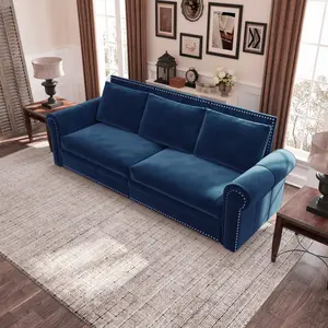 Chesterfield Sofa,93.7" King Pull Out Sofa Bed, 3-in-1 Velvet Convertible Sleeper Sofa with Nailhead Trim & Rolled Arm,Multi-Functional Sofa Bed for Living Room,Bedroom,Apartment,Office, Office, Blue