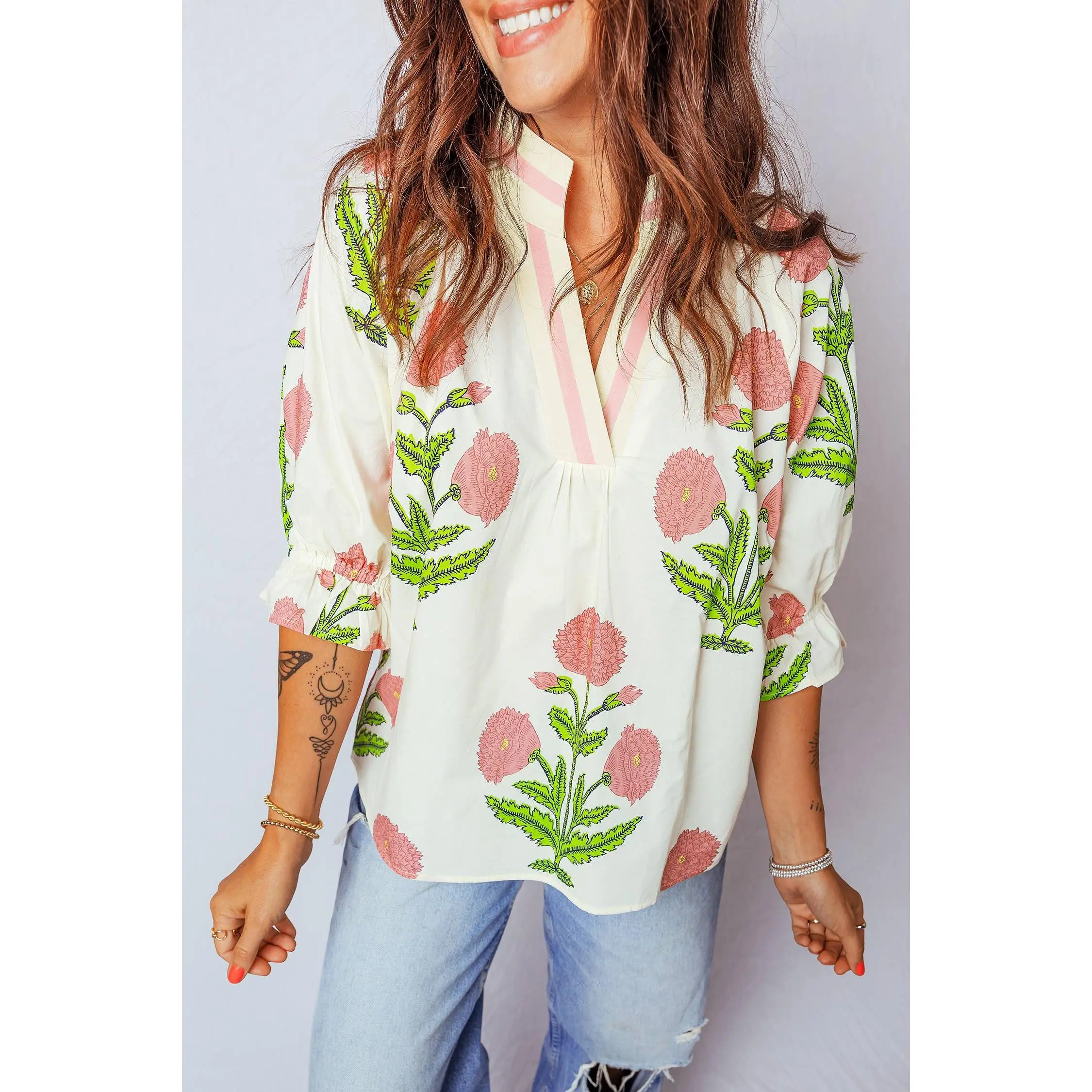Wild Flower Print Collared V Neck 3/4 Sleeve Blouse