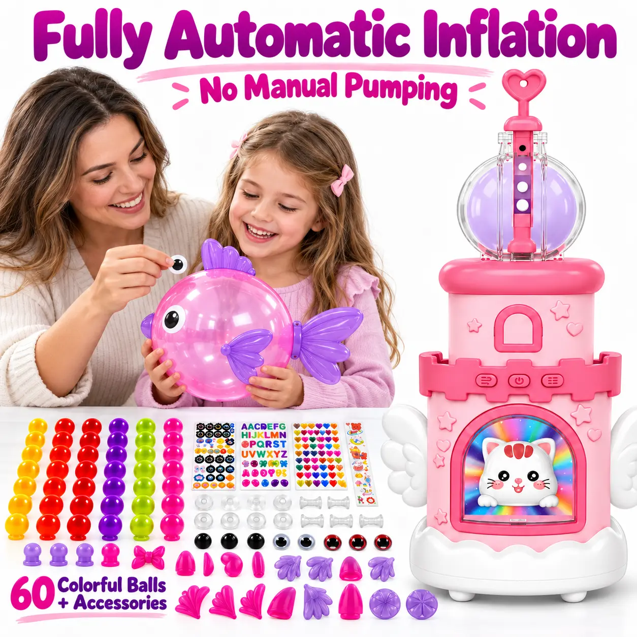 Magic Auto-Inflating Sticky Balloon Balloon Maker Electric Air Pump、Balloon Animal Craft Kit、Kids Ages 3-8 DIY Balloon Animal Craft Kit, No Glue No Mess,Mix-and-Match Craft Accessories, Party Favor, Holiday Gift