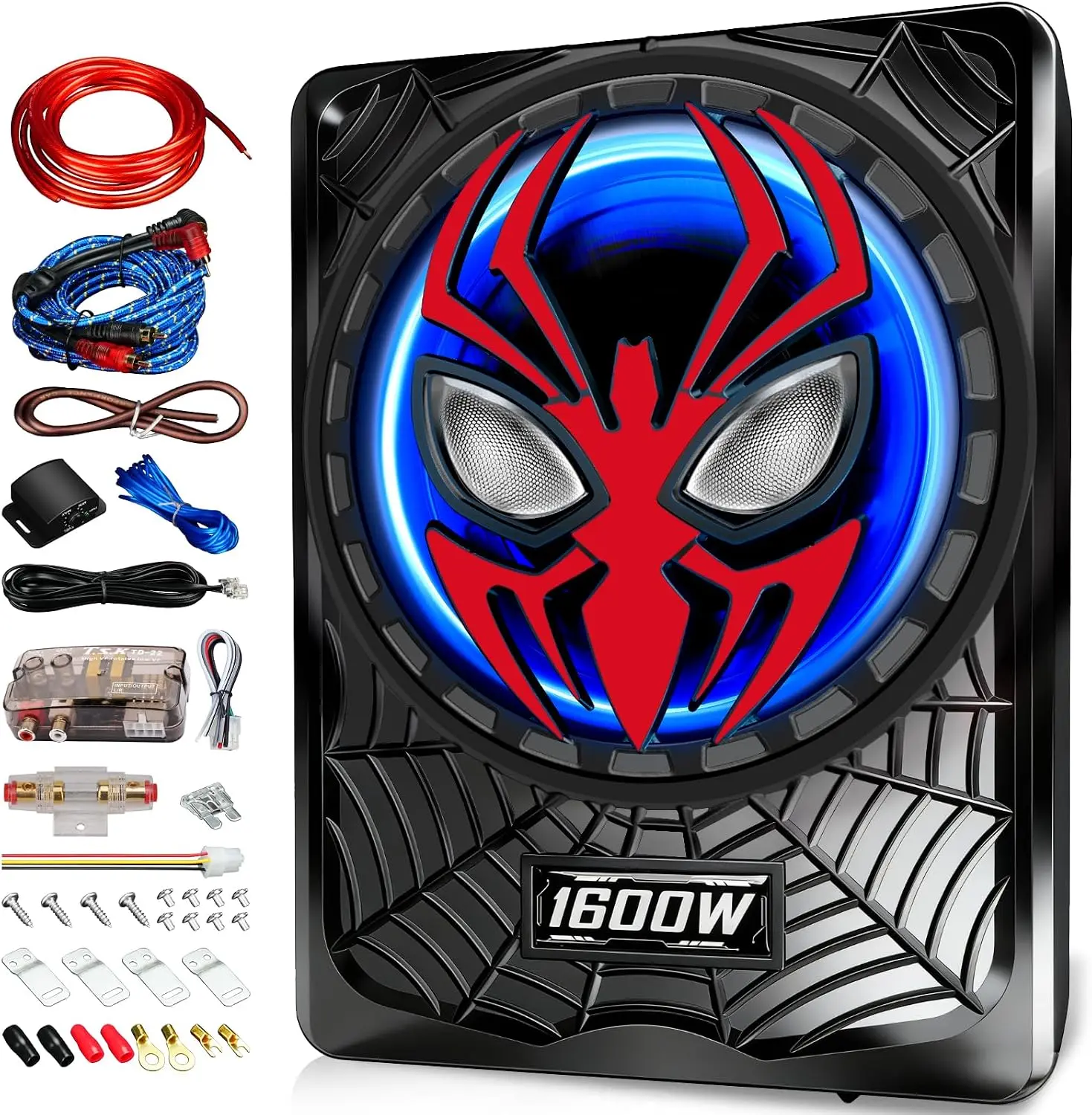 2026 Upgraded 1600W Car Subwoofers, 10" Ultra-Thin Powered Under-Seat Subs with Built-in Amplifier, (LPF/Gain/Bass Boost) RGB Ambient Lights, Independent Bass Knob, High Output Distortion-Free Audio