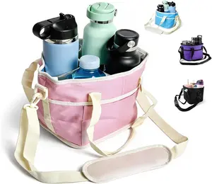 4 Water Bottle Holder with Strap | Family Size 4 Compartment Drink Bag, Multiple Tumbler Carrier Caddy | Adjustable Fits Large & Small Drinks | Hands Free, Won't Tip Over in Car