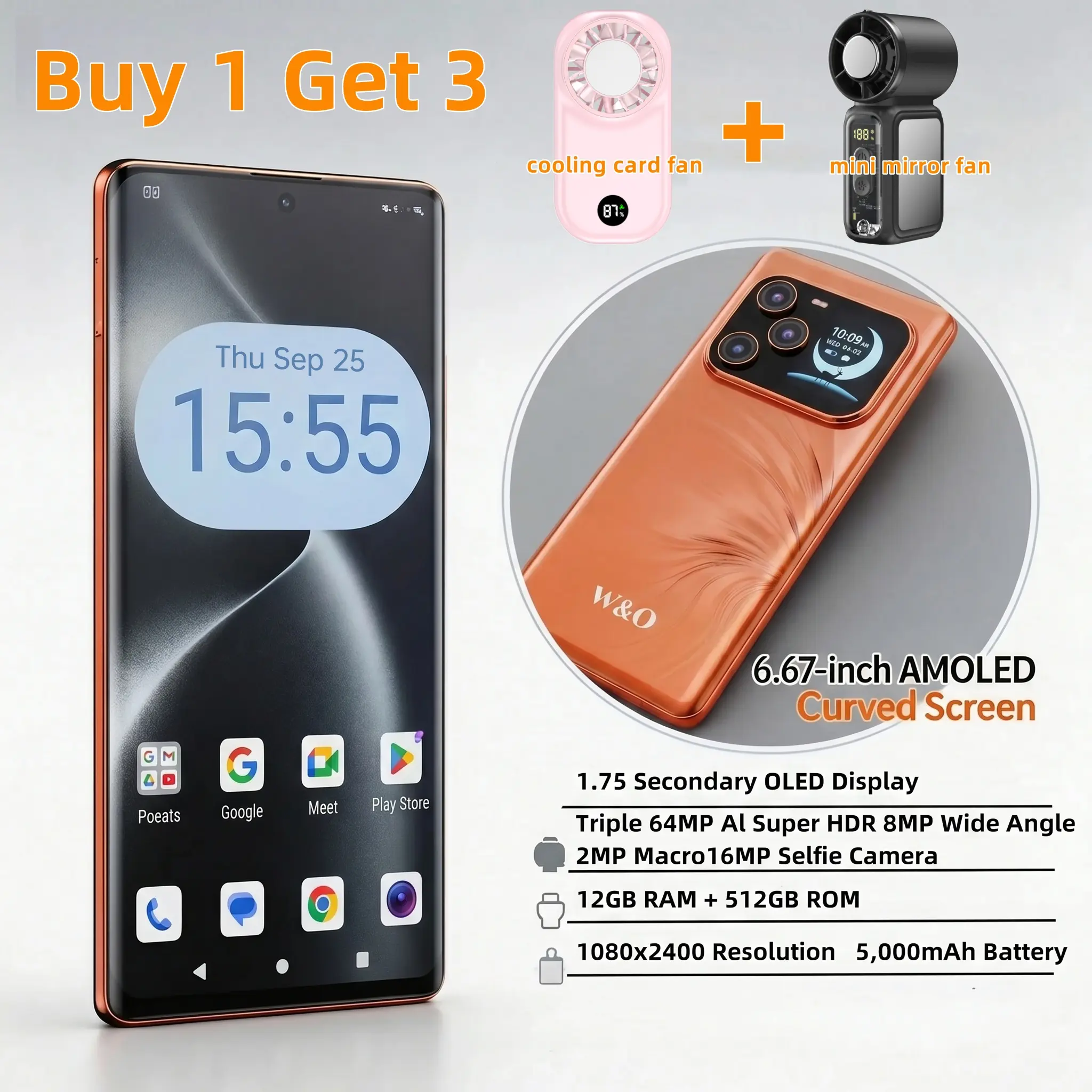 W&O Unlocked Dual Screen Smartphone | 6.67” AMOLED Curved Display | 12GB+512GB | 64MP Camera | 5000mAh Tablet