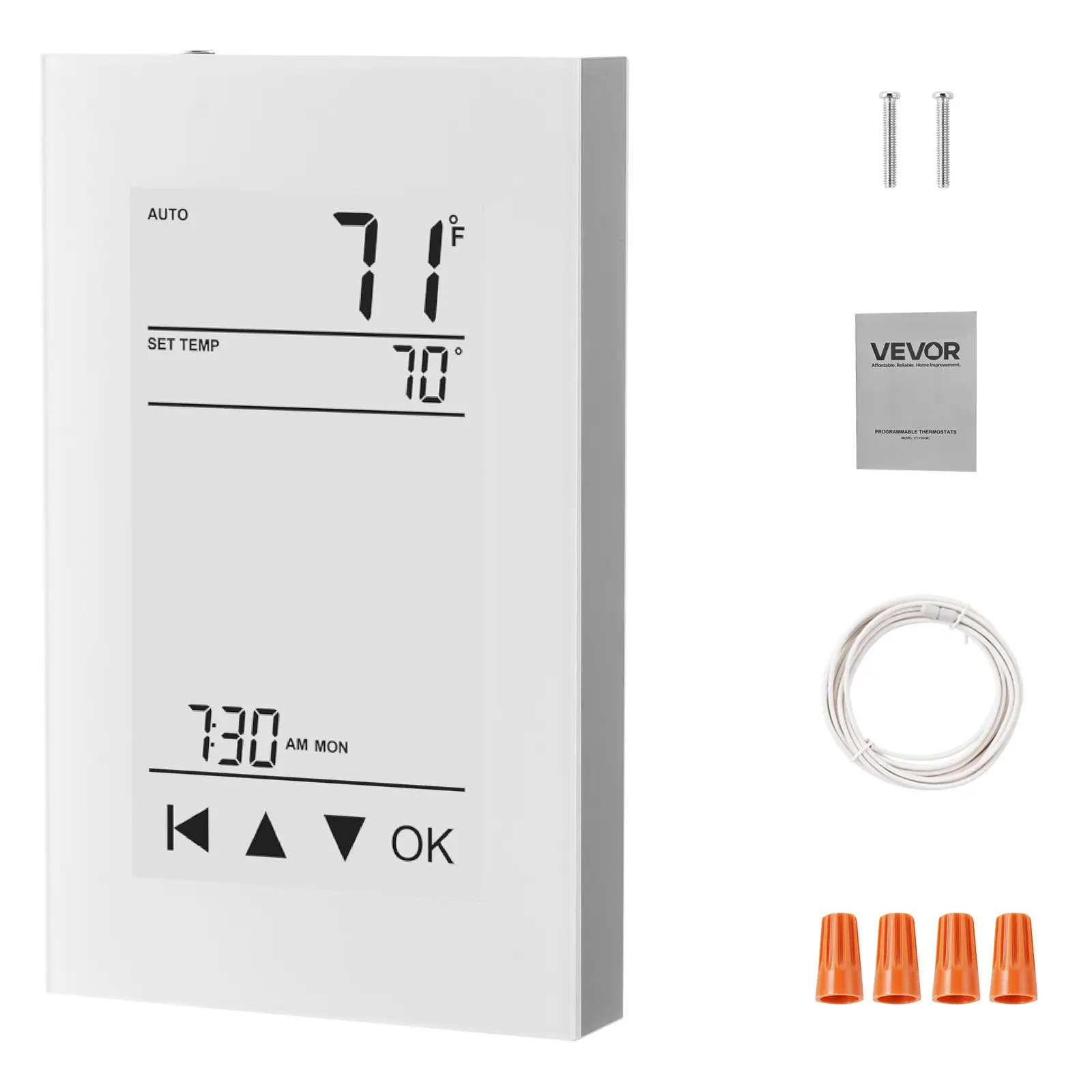 VEVOR 7-Day Programmable Thermostat, Home Thermostats for Radiant Underfloor Heating Cable, Heat Pump, with GFCI Sensitive Sensor, LCD Touchscreen, Energy-Efficient, Gray-White (Without Wifi)