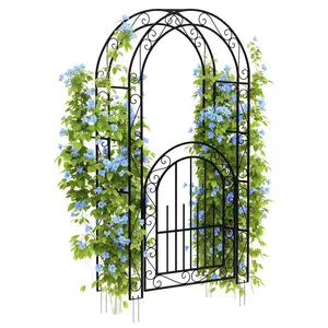 YJ-Garvee 7FT Tall Garden Arch with Gates - Sturdy Steel Arbor for Weddings, Vines & Roses, Weather-Resistant Outdoor Trellis, Ideal for Patio & Backyard Decor, Elegant Durable Design, Easy AssemblyBlack