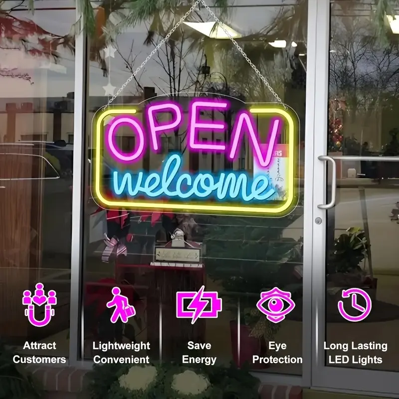 Vibrant Multicolor LED Neon "OPEN WELCOME" Sign - USB Powered, Battery-Free with Switch, Ideal for Bars, Cafes, Hotels, and Storefronts, Long Lasting LED Lights, Decorative Lights