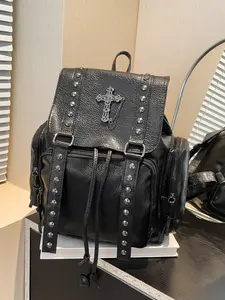 Original Self-Made Y2K Soft Leather Backpack, Dark Gothic Cross Chain Commuter Bag, Unisex Casual Daily Use Shoulder Bag
