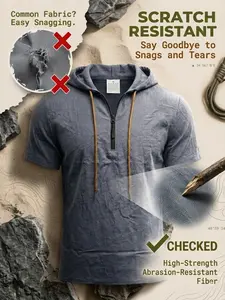 Men's Linen Breathable Half-Zip Hooded Short Sleeve T-Shirt, Summer Casual Sports Sweatshirt, Comfortable Loose Fit Plain Design