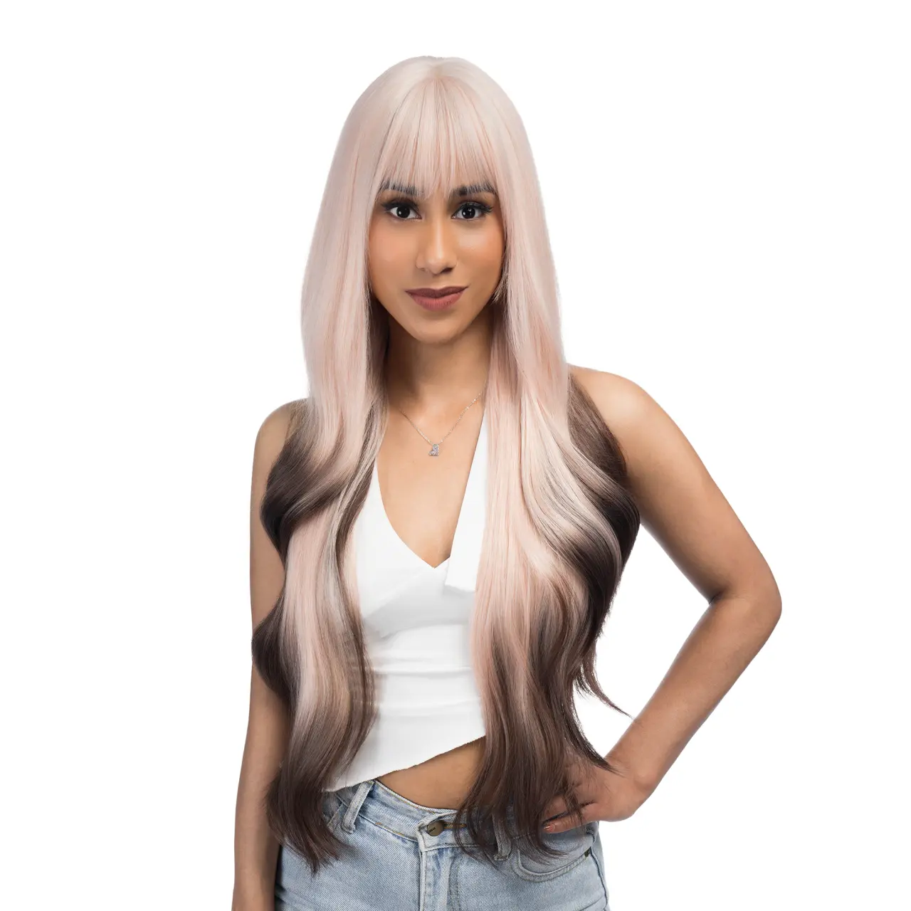 28-Inch Cloud Cream Pink (Maroonish Brunette Ends, No Root Color) Undone Waves Synthetic Wig | 【Heat Resistant】【Cap Included】 | #68 @40 51FSGB