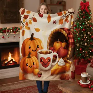Ultra-Soft & Warm 280gsm Flannel Throw Blanket - White with Autumn Pumpkin, Coffee Cup, Plaid & Pie Design - Cozy Fall Bedspread, Couch Cover, Dorm Blanket - Machine Washable Gift for & (Pumpkin Theme)