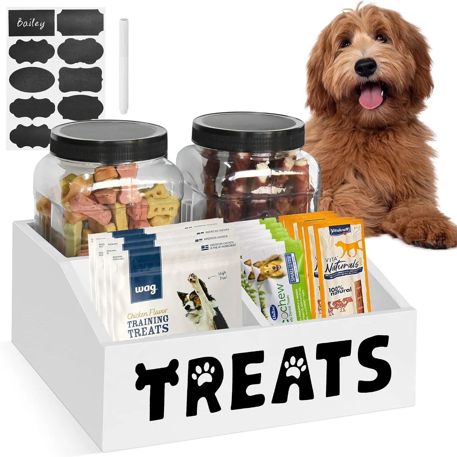 Dog Treat Container, Dog Food Storage Container with 2 Plastic Dog Treat Jars, Farmhouse Cat Food Container Cookie Jar, Pet Food Storage Containers for for Dog and Cat, Wood Cat Treat Container(White)