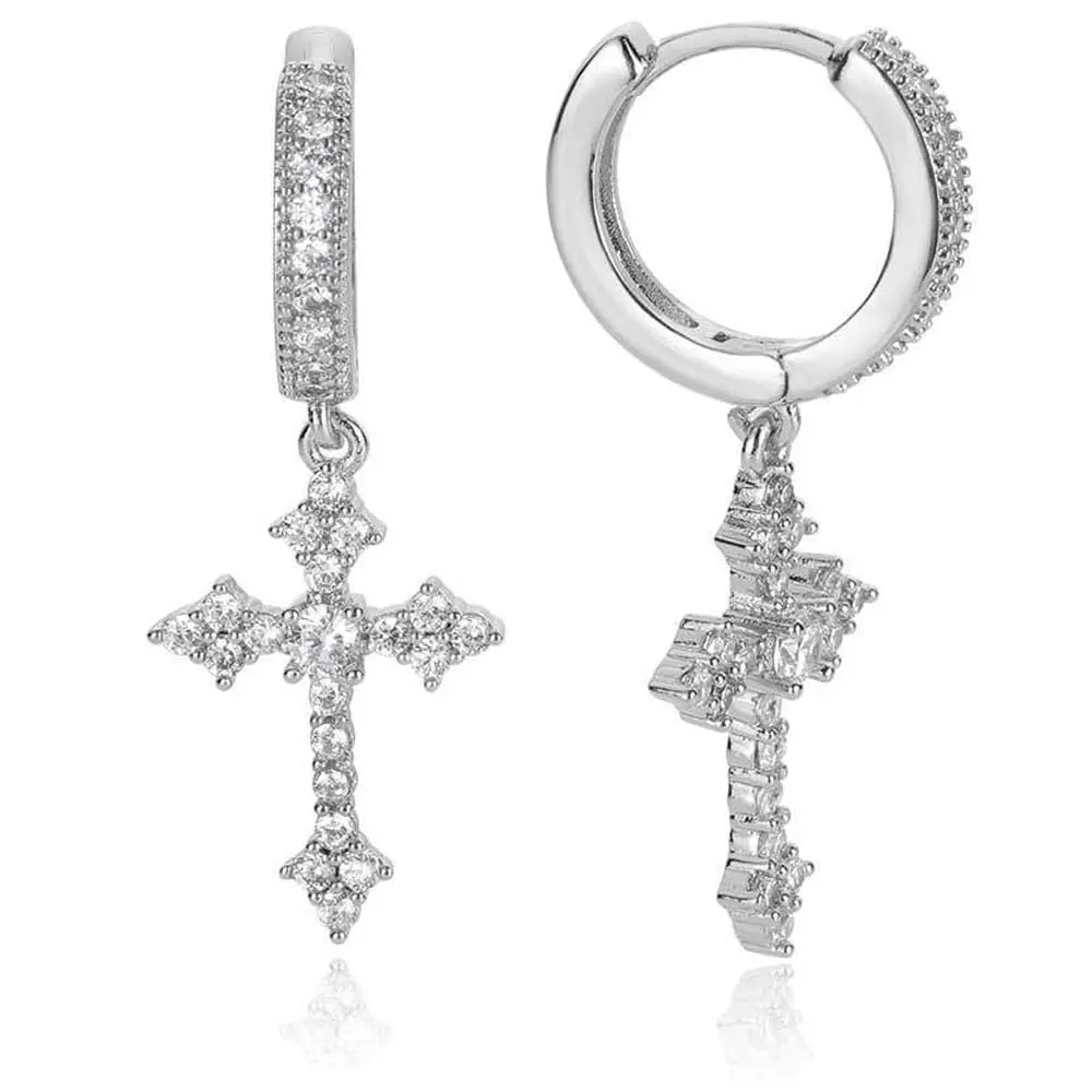Unisex Cubic Zirconia Cross Dangle Ear Hoops - Lightweight Hypoallergenic Gold/Silver Plated Spiritual Religious Earrings Jewelry for Cartilage Wear, Trendy Jewelry, Unisex Names, Spiritual Jewelry