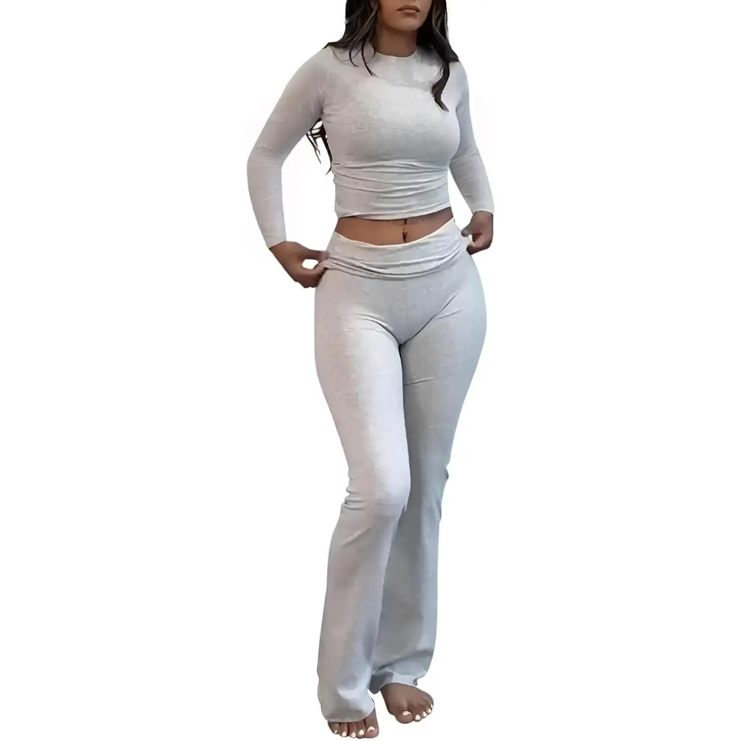 Women's 2-Piece Loungewear Nightwear Pyjamas Set - Long Sleeve Crew Neck Fitted T-Shirt, Foldover Flared Pants, Lady, 2 Piece Outfits, Basic, Longsleeves, Pajamas