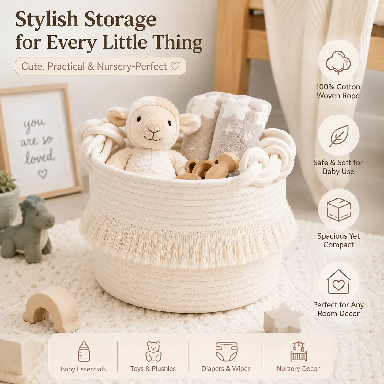 Small Woven Rope Baby Basket with Tassel, 9.5" x 7", Off-White | Cute Storage Basket for Baby Shower, Toys & Daily Essentials, Fits Nursery Living Room Decor, with Knotted Handles