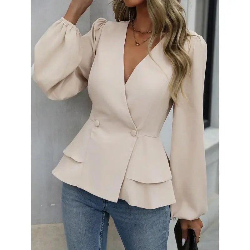 Women's Solid Color V-Neck Double-Breasted Wrap Elegant Long Sleeve Blouse Women Shirt