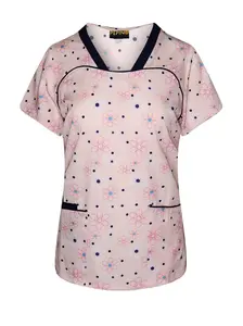 Pepino Uniforms Printed Navy Daisy Piping V-Neck Scrub Top