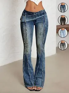 Women's Low Waist Bell-Bottom Jeans With Eyelets Big Belt，Comfortable Stretch Denim Jeans, Fringe Washed Vintage Long Pants, Casual Denim Trousers for Everyday Wear