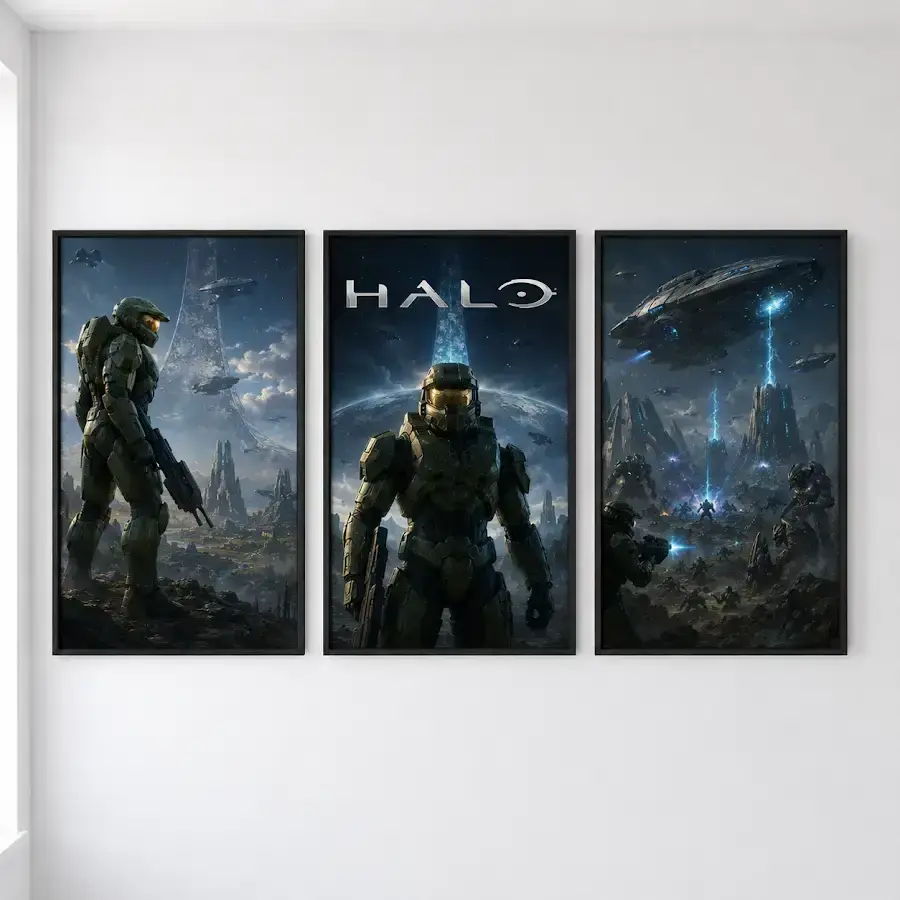 Halo Master Chief 3 Piece Wall Art Set, Sci-Fi FPS Gamer Room Decor, 3 Panel Spartan Video Game Poster Prints for Bedroom