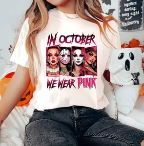 In October We Wear Pink Shirt, Halloween Movie Shirt, Pink Halloween Characters, Pink Ribbon, Breast Cancer Awareness, Cancer Support Shirt, Sp00ky Season Shirt