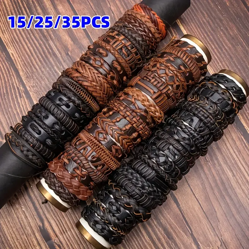 Vintage Woven Armband Bracelets & Bangles, 15/25/35 Pcs Mix Packs with PU Leather Braids for Unisex Casual Daily Wear Stacking, Woven Cuff, 15Pcs Mix, Woven Look