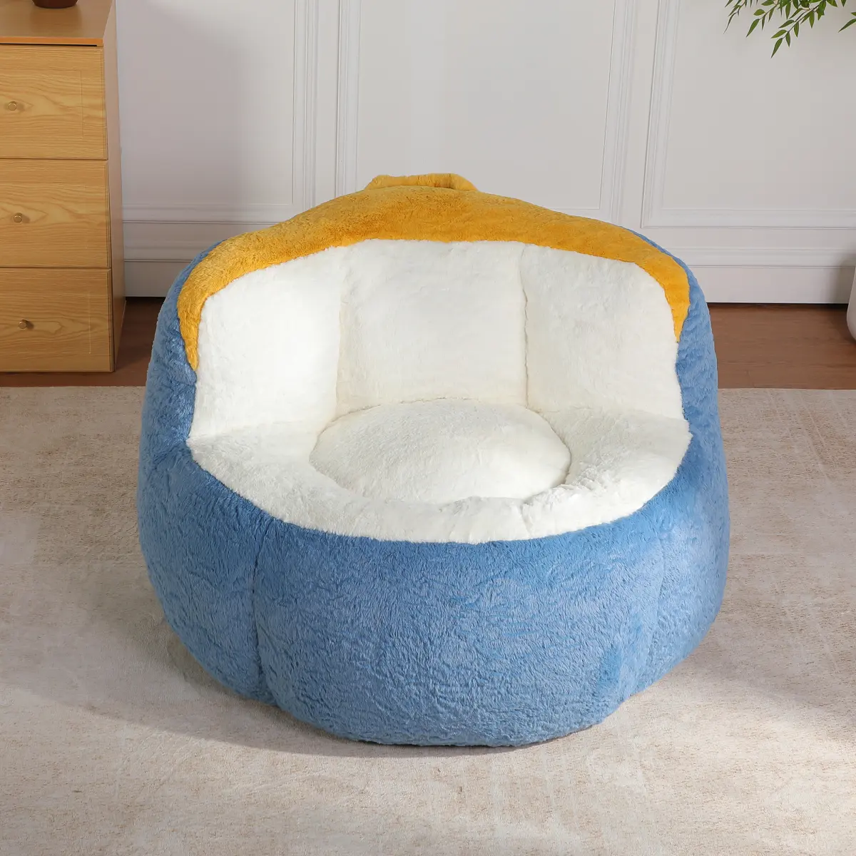 Oversized Armless Faux Rabbit Fur Foam Bean Bag Chair - Faux Rabbit Fabric, High-Density Shredded Filling, Durable Soft Skin-Friendly Fabric, Fully Assembled, Handle for Easy Movement, Multicolor (Blue, White, Yellow) for Living Room, Adults, Reading Nook