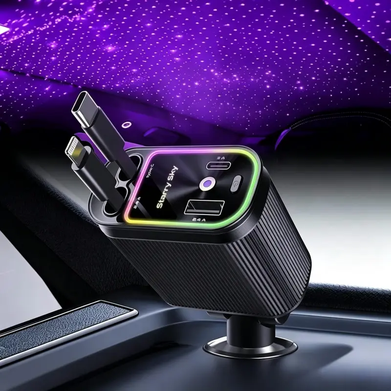 [Summer Sale] 4 in 1 Retractable Car Charger with Beautiful Purple Starry Light,USB-C 60W Fast Car Charger, for iPhone 17/16/15/14/13/12/11, Android,Pixel,Cigarette Lighter Charger (for Lightning+USB-C)