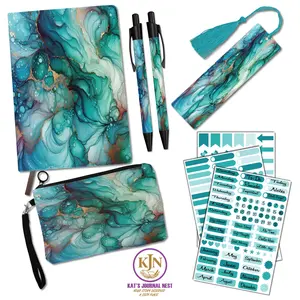 Celestique Alcohol Ink Cozy Add‑On Bundle – Personalized PU Leather Journal with Pens, Bookmark, Stickers & Linen Pouch  Kat’s Journal Nest