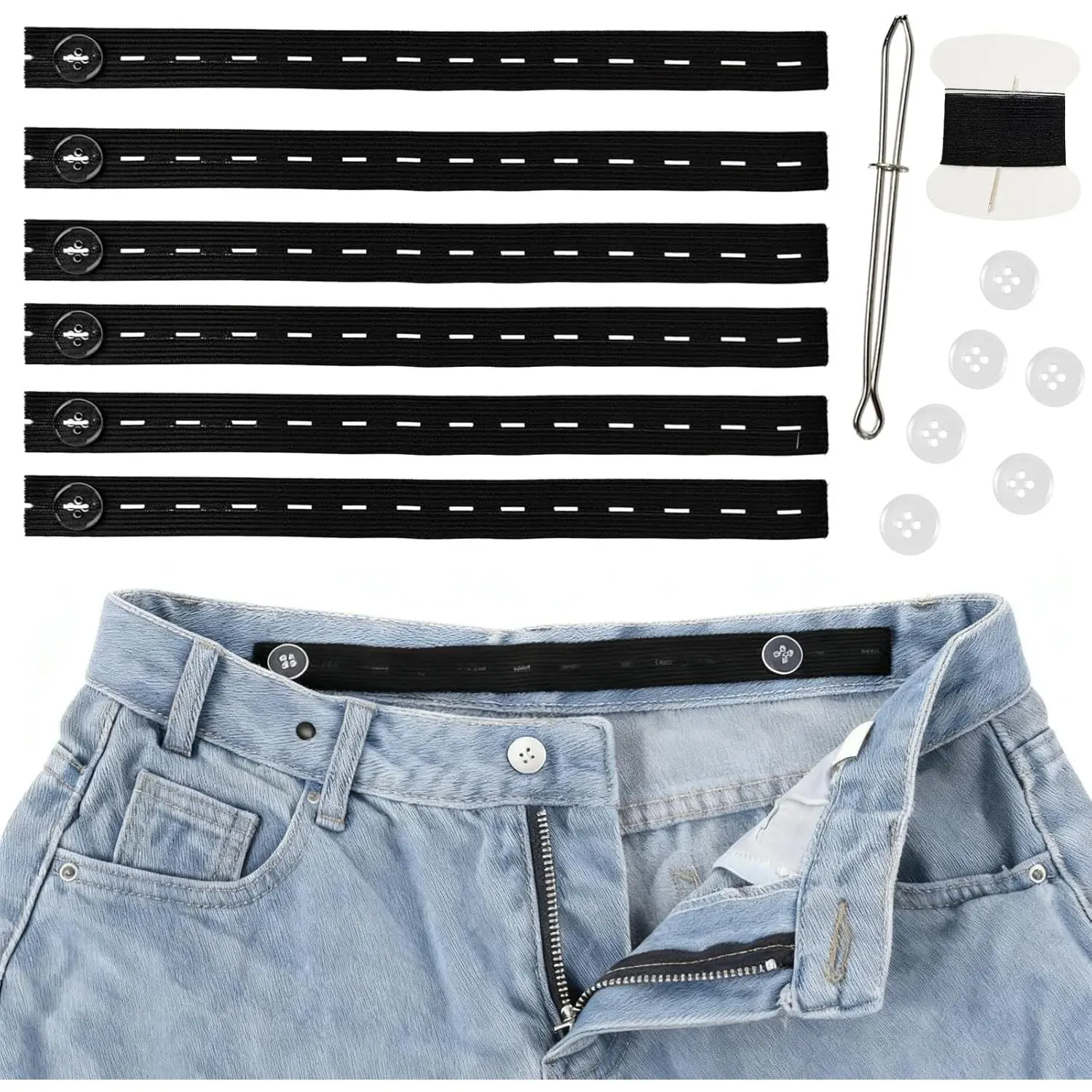 12 Pack  Tightener for Pants, Adjustable Jeans Button Tightener Elastic Pants  Adjuster Jeans  Extenders with 24 Buttons, 2 Sewing Kit, 2 Thread Hook, Black