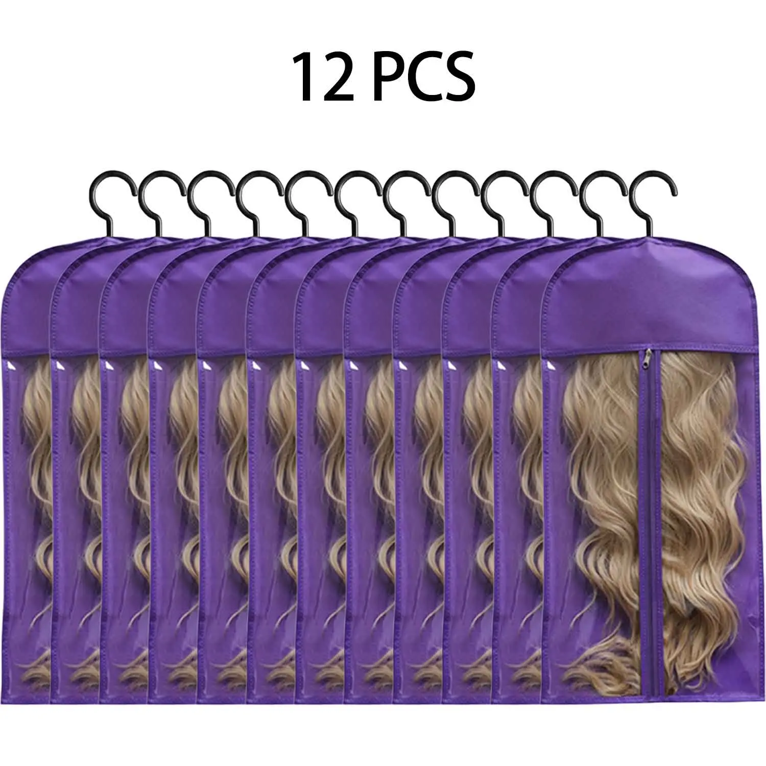 12 Pcs Wig Storage Bags with Hangers, Transparent Dustproof Plastic Cover with Zipper for Unisex Hair Extension Organization