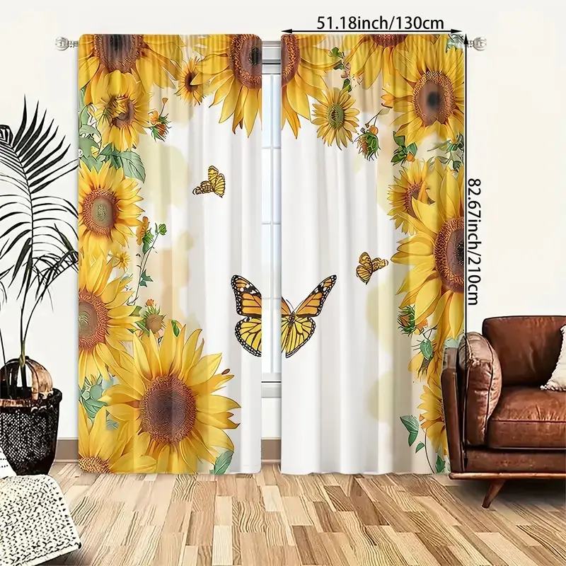 Sunflower Print Curtains Polyester Lamp Set, Two-Piece Home Decor, Sunlight Filtering, Durable Material Design, Perfect for Living Room, Sunflower Pattern, Window Curtain, Window Drapes, Interior Decoration Accessories