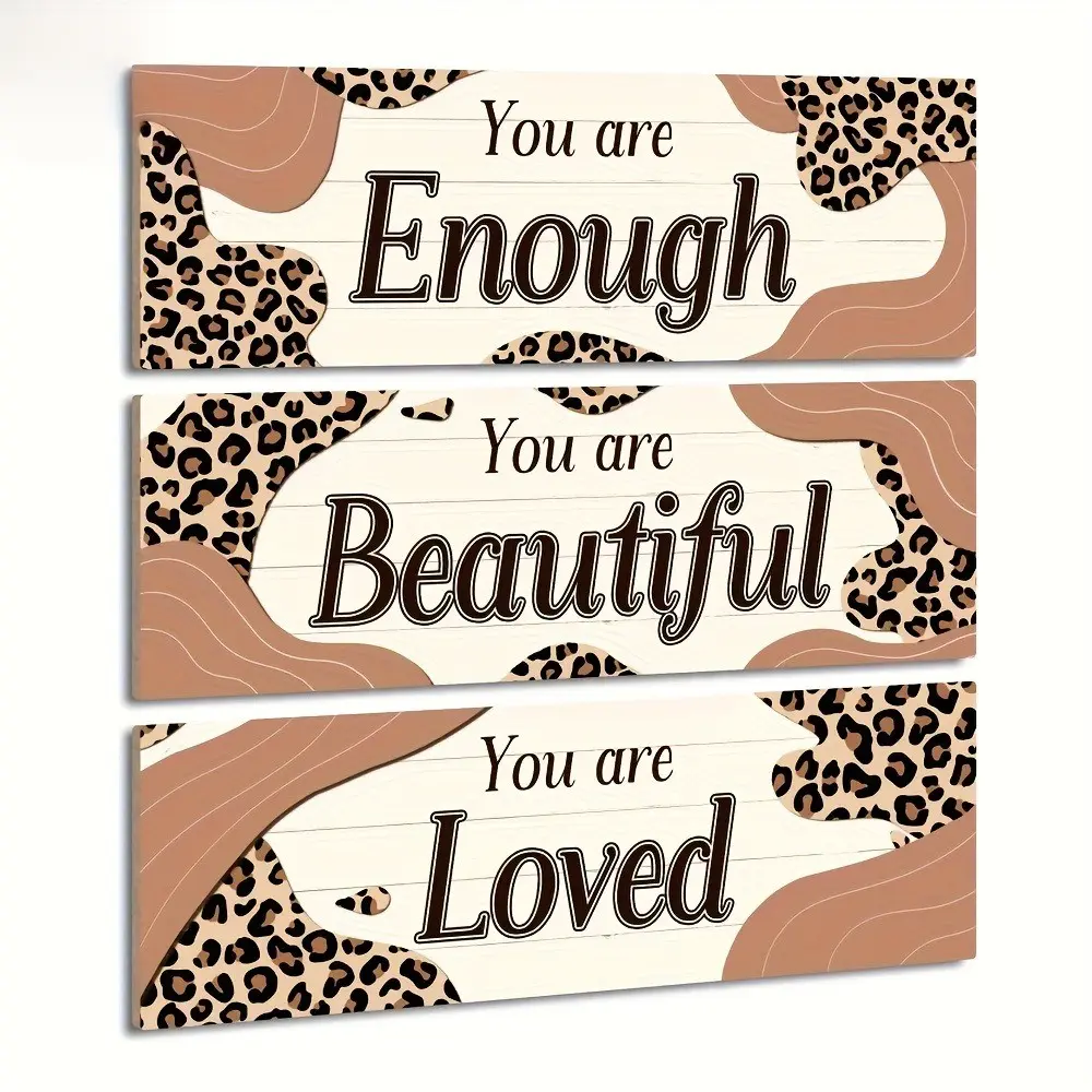 3-Piece Wooden Inspirational Plaques, Motivational Decorative Plaque, Leopard Print Design, Living Room Bedroom Cafe Home Decor Products Gifts, Beautiful Gift for Friends and Family