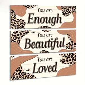 3-Piece Wooden Inspirational Plaques, Motivational Plaque, Leopard Print Design, Living Room Bedroom Cafe Home Decor Gifts, Beautiful Gift for Friends and Family