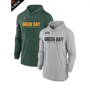 2-PCS Men's Green Bay Football Hooded Long Sleeve T-Shirt Set, Athletic Sports Clothing, Breathable Lightweight Loose Fit, Casual Gym Sports Outdoor Wear