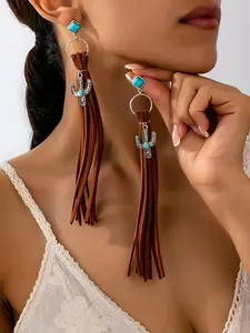 Vintage Western Cowboy Style Tassel & Cactus Decor Dangle Earrings, Boho Style Jewelry for Women, Fashionable Jewelry Accessories, Trendy All-match & Exquisite Jewelry for Birthday Gift, High Quality Earrings